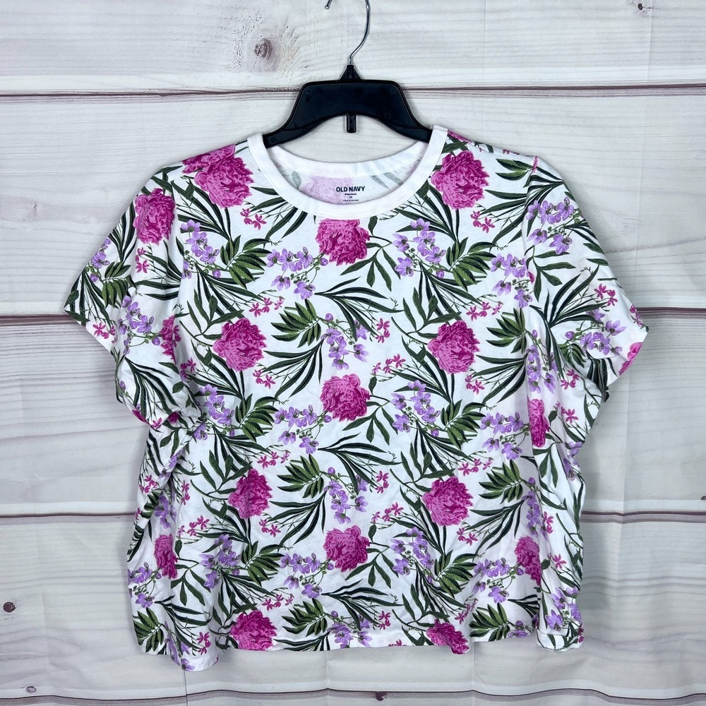 OId Navy Top Womens 3X Floral Print Everywear T-Shirt Crew Neck Short Sleeve